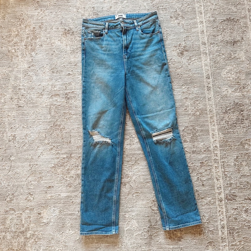 Paige Stella Jeans Straight Leg Distressed Knee High Waisted Medium Wash Denim